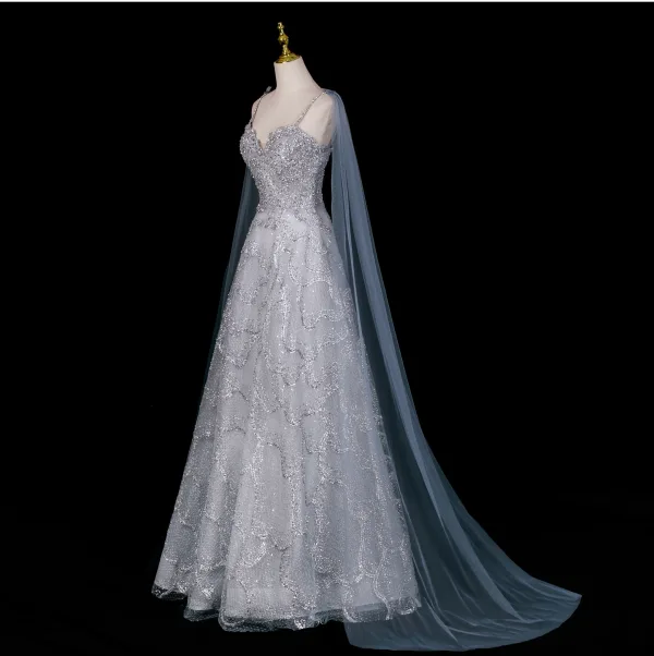 Schillernd Taubenblau Perlenstickerei Strass Pailletten Abendkleider 2026 A Linie Spaghettiträger Ärmellos Rückenfreies