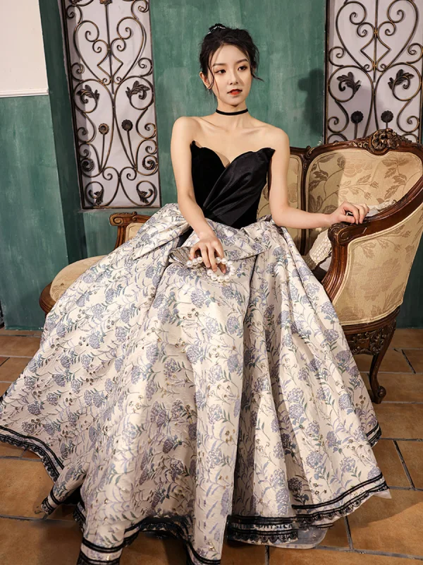 Vintage / Retro Black Printing Prom Dresses 2022 Ball Gown Strapless Sleeveless Backless Bow Sash Floor-Length / Long Formal Dresses