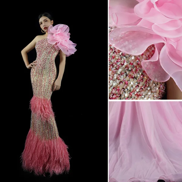 Luxus / Herrlich Rosa Applikationen Perlenstickerei Pailletten Abendkleider 2023 Meerjungfrau One-Shoulder Ärmellos Rückenfreies Quaste Hof-Schleppe Abend Festliche Kleider