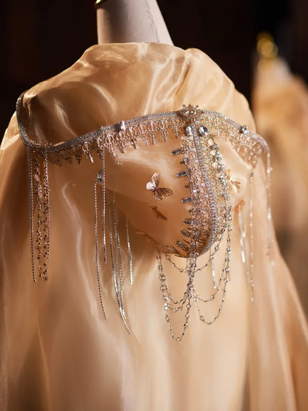 Luxury / Gorgeous Gold Handmade  Butterfly Lace Flower Rhinestone Prom Shawls cloak 2025