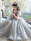 Chic / Belle Gris Étoile Paillettes Anniversaire Robe Ceremonie Fille 2022 Robe Boule Encolure Carrée Gonflée Manches Courtes Perlage Dos Nu Longue Robe Ceremonie Fille