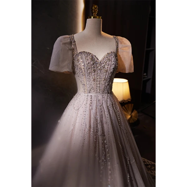 Luxe Haut de Gamme Rougissant Rose Fait main Perlage Perle Faux Diamant Robe De Bal 2023 Princesse Encolure Carrée Gonflée Manches Courtes Dos Nu Train De Balayage Promo Robe De Ceremonie