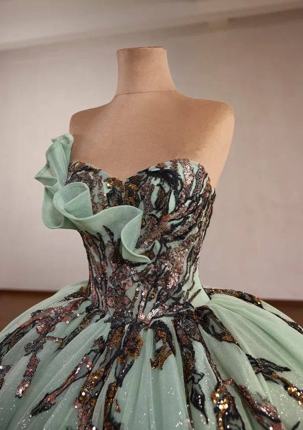 Luxus / Herrlich Salbeigrün Handgefertigt Perlenstickerei Spitze Blumen Ballkleider 2026 Ballkleid Bandeau Ärmellos Rückenfreies Kapelle-Schleppe Festliche Kleider