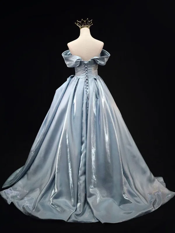 Fashion Sky Blue Ball Gown Prom Dresses 2025 Off-The-Shoulder Short Sleeve Backless Sweep Train Prom Formal Dresses