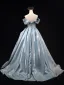 Fashion Sky Blue Ball Gown Prom Dresses 2025 Off-The-Shoulder Short Sleeve Backless Sweep Train Prom Formal Dresses