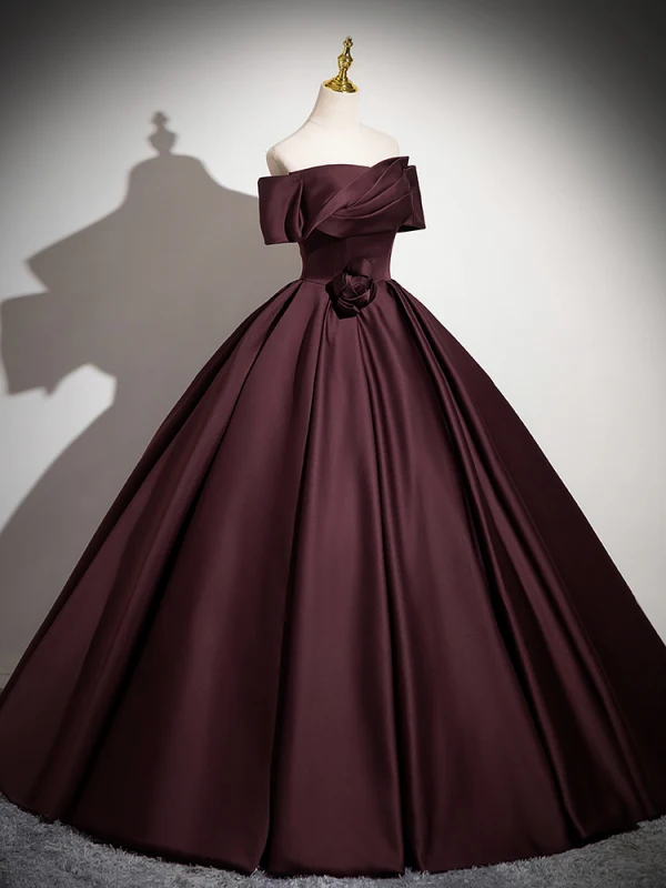 Vintage / Retro Burgundy Satin Prom Dresses 2024 Ball Gown Off-The-Shoulder Short Sleeve Backless Floor-Length / Long Prom Formal Dresses