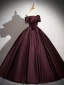Vintage / Retro Burgundy Satin Prom Dresses 2024 Ball Gown Off-The-Shoulder Short Sleeve Backless Floor-Length / Long Prom Formal Dresses