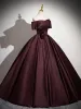 Vintage Burgund Satyna Sukienki Na Bal 2024 Suknia Balowa Przy Ramieniu Kótkie Rękawy Bez Pleców Długie Bal Sukienki Wizytowe