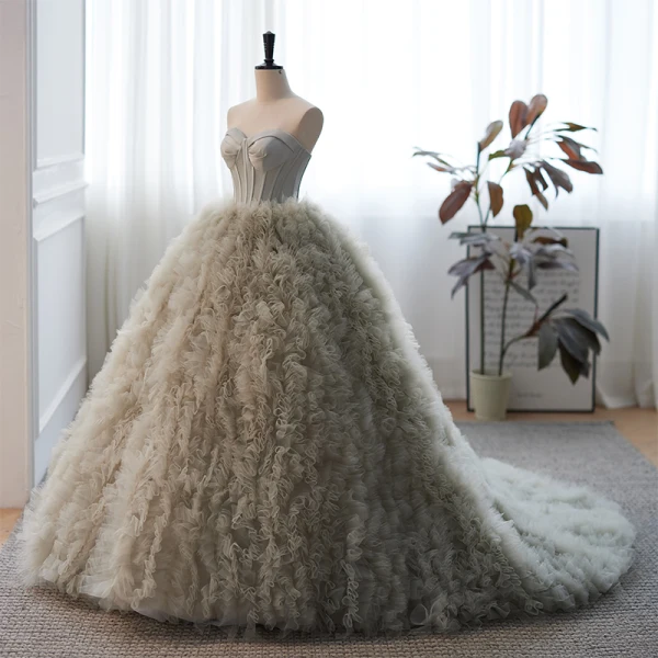 Fashion Grey Pleated Prom Dresses 2023 Ball Gown Strapless Sleeveless Backless Sweep Train Prom Formal Dresses