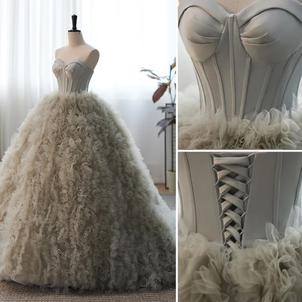 Fashion Grey Pleated Prom Dresses 2023 Ball Gown Strapless Sleeveless Backless Sweep Train Prom Formal Dresses