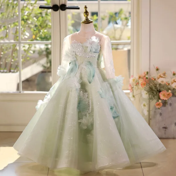 Élégant Vert Cendré Perlage Appliques Anniversaire Robe Ceremonie Fille 2026 Robe Boule Encolure Dégagée Manches Longues Dos Nu Longue Tulle
