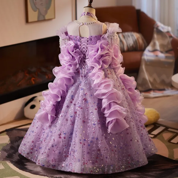 Flower Fairy Purple Beading Sequins Pearl Lace Flower Birthday Flower Girl Dresses 2025 Ball Gown High Neck Short Sleeve Backless Floor-Length / Long