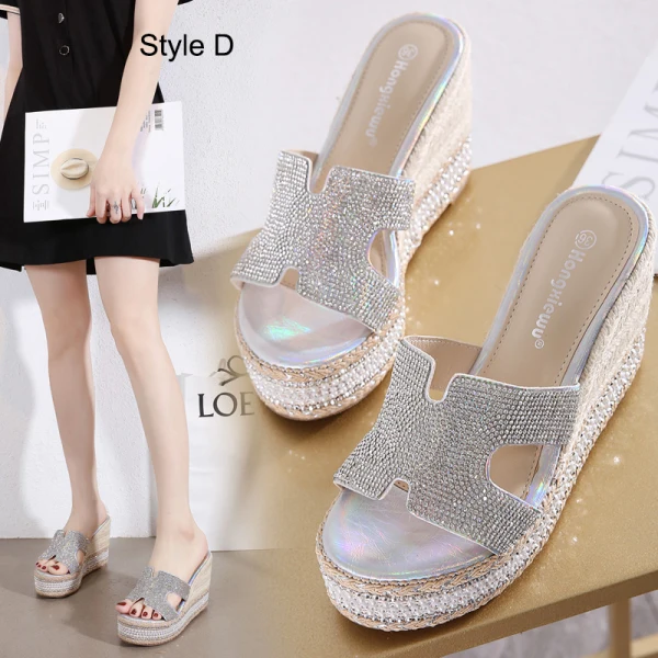 Fashion Bling Bling Silver Rhinestone Sequins Street Wear Summer Womens Sandals 2023 10 cm Wedges Open / Peep Toe Sandals