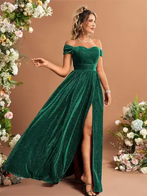 Élégant Vert Glitter Fendue Devant Robe De Bal 2025 Princesse De L Épaule Sans Manches Dos Nu Longue Promo Robe De Ceremonie