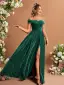 Elegant Green Glitter Split Front Prom Dresses 2025 A-Line / Princess Off-The-Shoulder Sleeveless Backless Floor-Length / Long Prom Formal Dresses