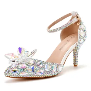 Charming Multi Colors Crystal Rhinestone Wedding Shoes 2023 Ankle Strap 7 Cm Stiletto Heels Pointed Toe Wedding High Heels