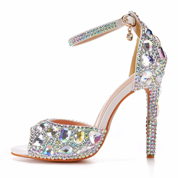 Charmant Weiß Multifarben Strass Brautschuhe 2022 Knöchelriemen 11 cm Stilettos Peeptoes Hochzeit Sandaletten Hochhackige