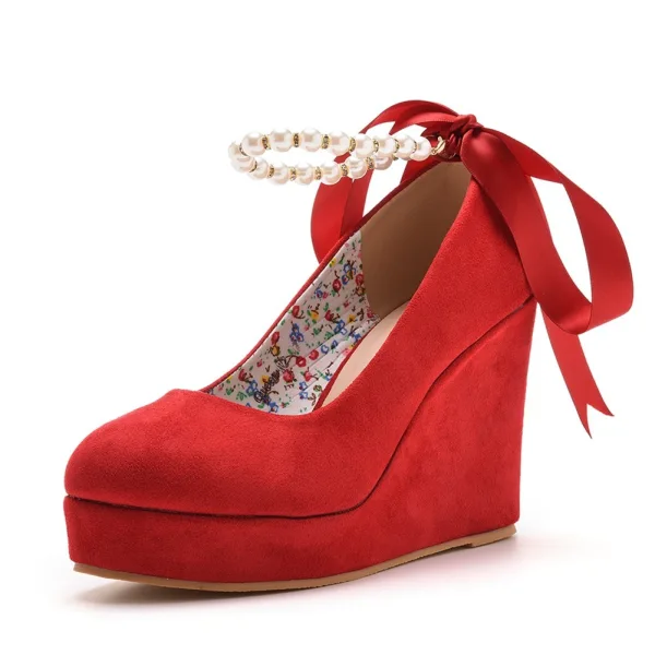 Roman Red Pearl Ankle Strap Bow Prom Womens Shoes 2025 10 cm Wedges Round Toe Womens Shoes