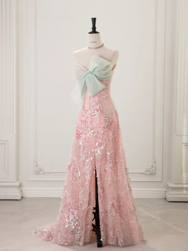 Scintillantes Rougissant Rose Paillettes Noeud Robe De Bal 2025 Trompette / Sirène Bustier Sans Manches Dos Nu Train De Balayage Robe De Ceremonie