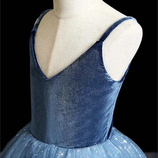 Charming Sky Blue Sequins Evening Party Flower Girl Dresses 2022 Ball Gown V-Neck Sleeveless Backless Floor-Length / Long Flower Girl Dresses