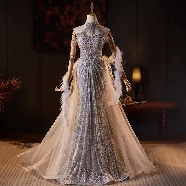 Sexy Sparkly Silver Beading Rhinestone Sequins Evening Dresses 2025 Trumpet  / Mermaid High Neck Sleeveless Backless Sweep Train Evening Party Formal  Dresses