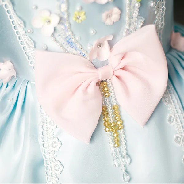 Élégant Bleu Ciel Perlage Perle Appliques Anniversaire Robe Ceremonie Fille 2022 Robe Boule Satin Encolure Carrée Gonflée Manches Courtes Dos Nu Noeud Longue Robe Ceremonie Fille