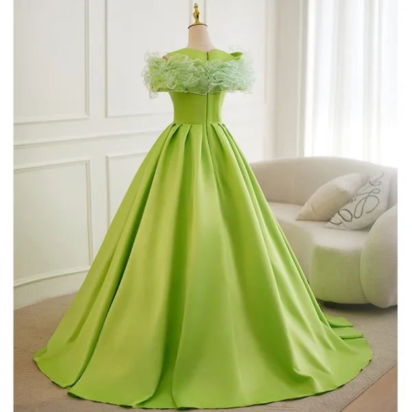 Élégant Vert Perlage Robe De Bal 2025 Robe Boule De l'épaule Manches Courtes Train De Balayage Robe De Ceremonie