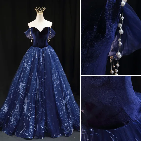 Mode Marineblau Glanz Wildleder Ballkleider 2022 A Linie Off Shoulder Perle Kurze Ärmel Rückenfreies Lange Festliche Kleider
