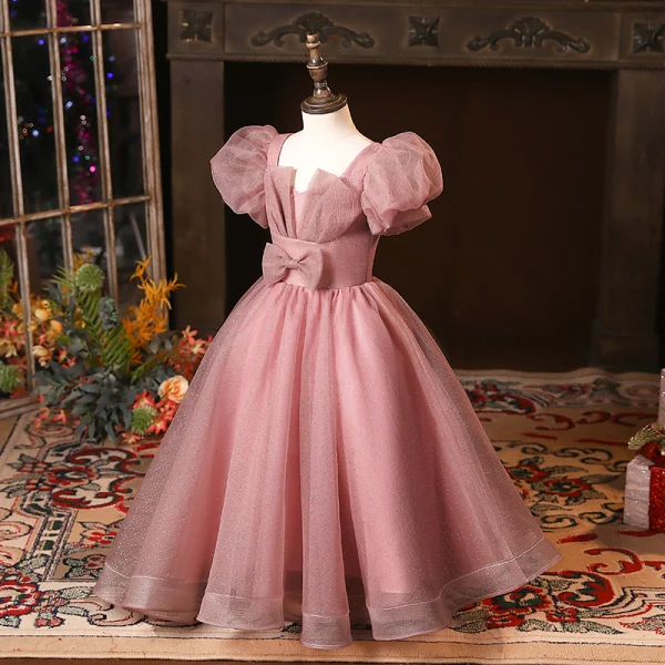 Chic / Belle Rougissant Rose Anniversaire Robe Ceremonie Fille 2024 Robe Boule Encolure Carrée Gonflée Manches Courtes Dos Nu Longue