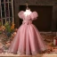 Chic / Belle Rougissant Rose Anniversaire Robe Ceremonie Fille 2024 Robe Boule Encolure Carrée Gonflée Manches Courtes Dos Nu Longue