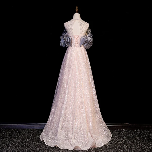 High-end Charming Blushing Pink Beading Sequins Prom Dresses 2023 A-Line / Princess Scoop Neck Sleeveless Backless Floor-Length / Long Formal Dresses
