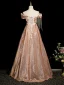 Sparkly Champagne Beading Sequins Tassel Prom Dresses 2024 A-Line / Princess Off-The-Shoulder Short Sleeve Backless Floor-Length / Long Prom Formal Dresses