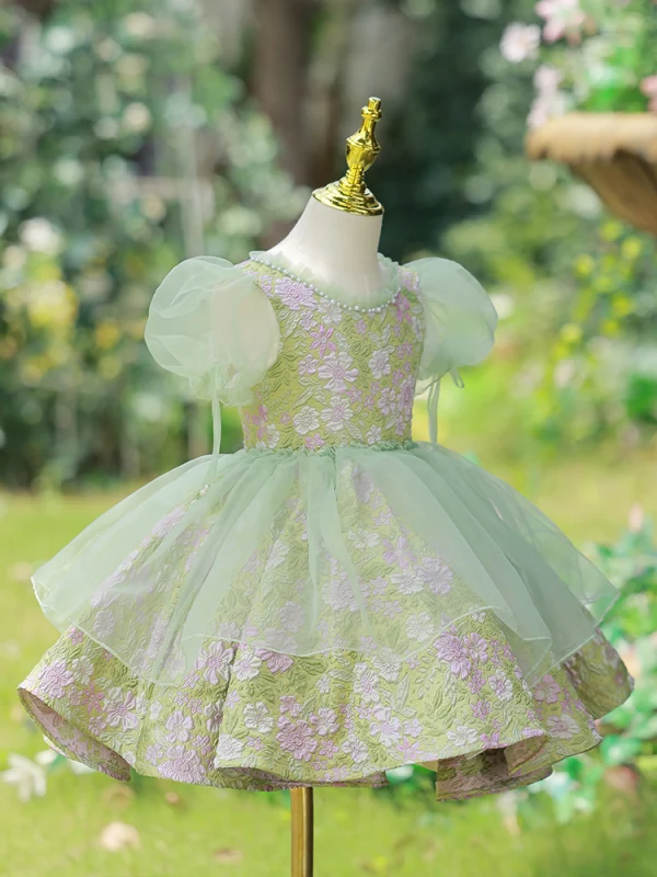 Chic / Beautiful Sage Green Flower Prom Short Flower Girl Dresses 2022 Ball Gown Pearl Scoop Neck Puffy Short Sleeve Backless Flower Girl Dresses