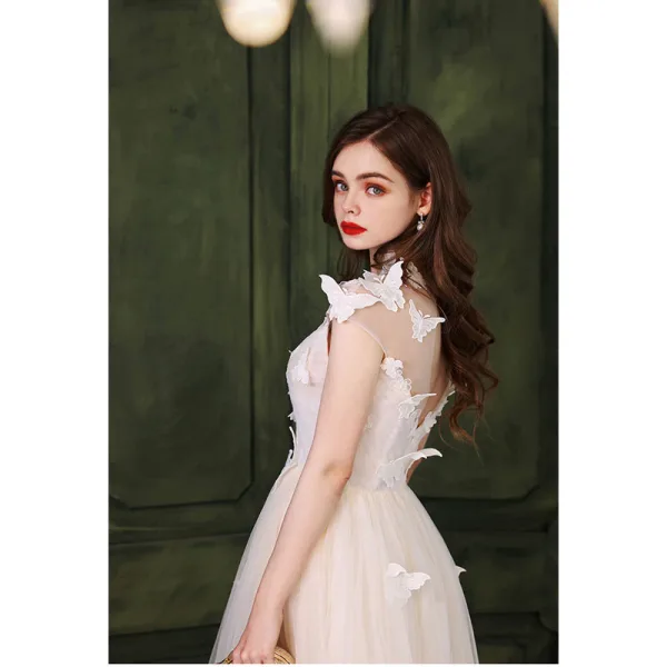 Fashion White Lace Butterfly Prom Dresses 2022 A-Line / Princess Scoop Neck Sleeveless Backless Floor-Length / Long Formal Dresses