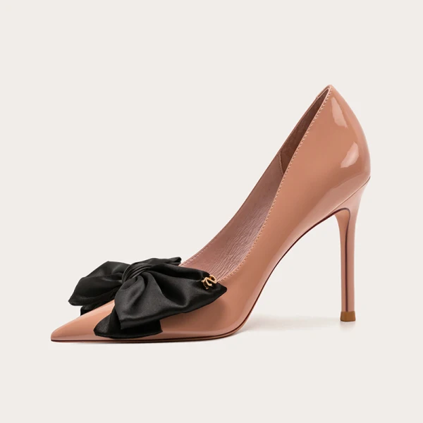 Fashion Black Prom Pumps 2022 Leather Bow 10 cm Stiletto Heels Pointed Toe Pumps High Heels