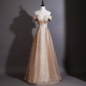 Dazzling Gold Sequins Evening Dresses 2026 A Line Princess Strapless Sleeveless Backless
