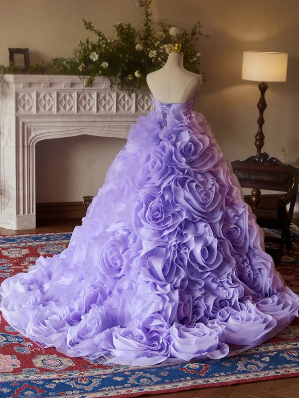 Flower Fairy Lavender Rose Prom Dresses 2024 Ball Gown Strapless Sleeveless Backless Sweep Train Prom Formal Dresses