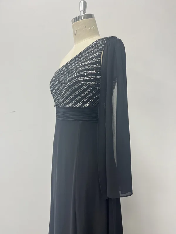 Chic / Beautiful Black Sequins Split Front Evening Dresses 2024 A-Line / Princess Zipper Up at Side One-Shoulder Sleeveless Backless Floor-Length / Long Prom Formal Dresses