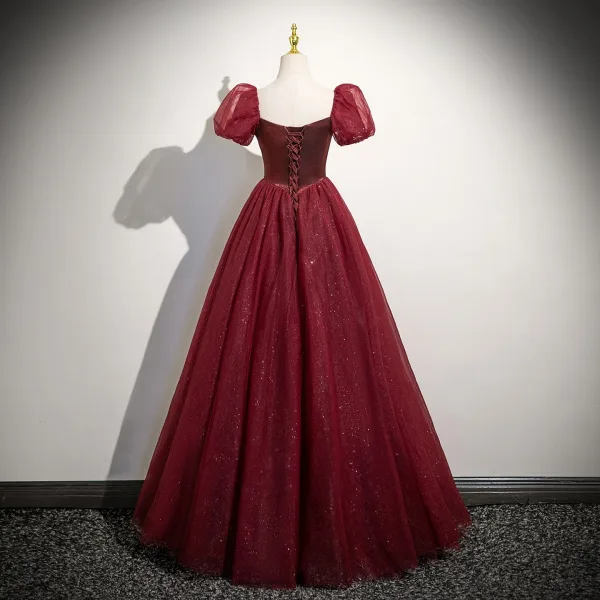 Chic / Belle Bordeaux Glitter Robe De Bal 2025 Princesse Encolure Carrée Gonflée Manches Courtes Dos Nu Longue Promo Robe De Ceremonie