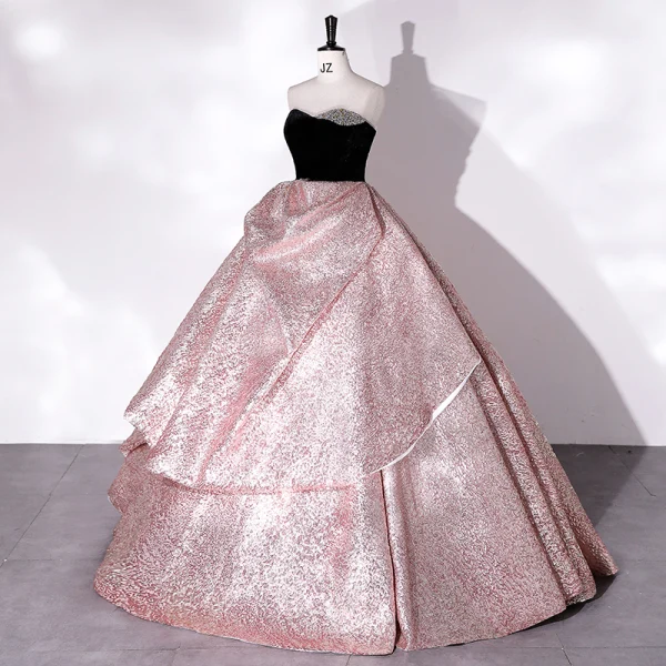 High-end Baroque Candy Pink Glitter Satin Prom Dresses 2022 Ball Gown Strapless Sleeveless Backless Beading Floor-Length / Long Formal Dresses