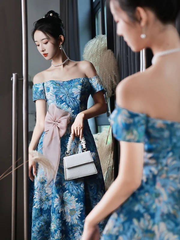 Fancy Ocean Blue Printing Prom Dresses 2022 A-Line / Princess Off-The-Shoulder Short Sleeve Backless Bow Floor-Length / Long Formal Dresses