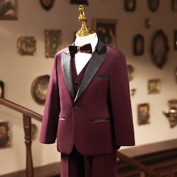 Classic Burgundy 5-piece Long Sleeve Boys Wedding Suits 2025 Coat Pants Shirt Tie Vest Wedding