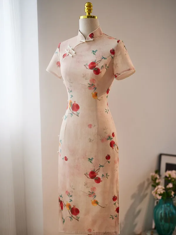 Chinese style Khaki Printing Summer Tea-length Cheongsam 2024 Trumpet / Mermaid High Neck Short Sleeve