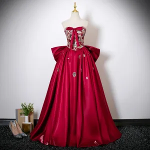 Chic Belle Bordeaux Paillettes Robe De Bal 2025 Princesse Bustier Sans Manches Dos Nu Noeud Longue Robe De Ceremonie