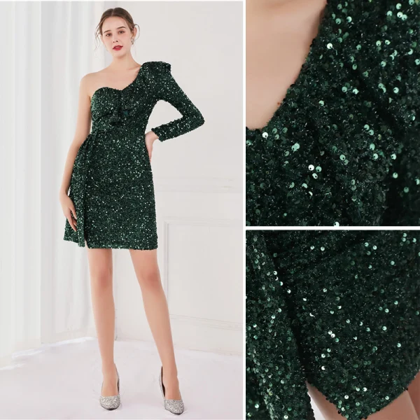Sexy Weiß Pailletten Partykleider 2022 One-Shoulder Lange Ärmel Rückenfreies Lange Cocktail Abend Festliche Kleider
