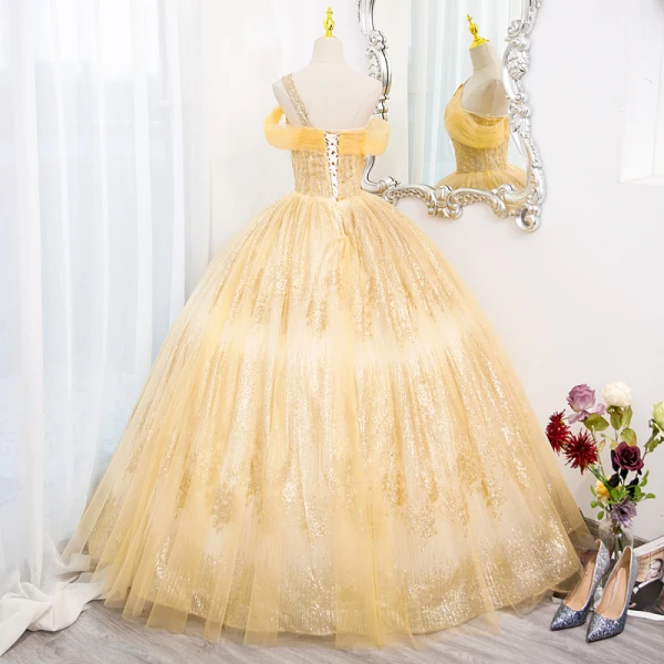Chic / Belle Jaune Perlage Paillettes Robe De Bal 2022 Robe Boule Une épaule Sans Manches Dos Nu Longue Promo Robe De Ceremonie