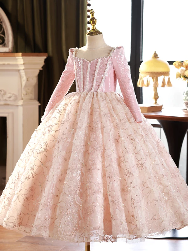 Chic / Beautiful Blushing Pink Beading Pearl Sequins Birthday Flower Girl Dresses 2024 Ball Gown Square Neckline Long Sleeve Tea-length