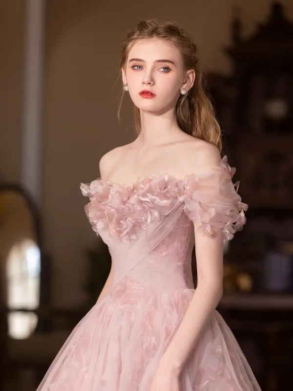 Chic / Beautiful Blushing Pink Appliques Prom Dresses 2025 A-Line / Princess Off-The-Shoulder Short Sleeve Backless Floor-Length / Long Formal Dresses