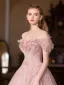 Chic / Beautiful Blushing Pink Appliques Prom Dresses 2025 A-Line / Princess Off-The-Shoulder Short Sleeve Backless Floor-Length / Long Formal Dresses