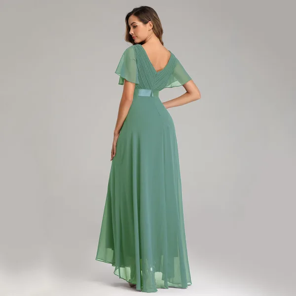 Modest / Simple Black Bridesmaid Dresses 2023 A-Line / Princess V-Neck Short Sleeve Backless Sash Floor-Length / Long Bridesmaid Dresses
